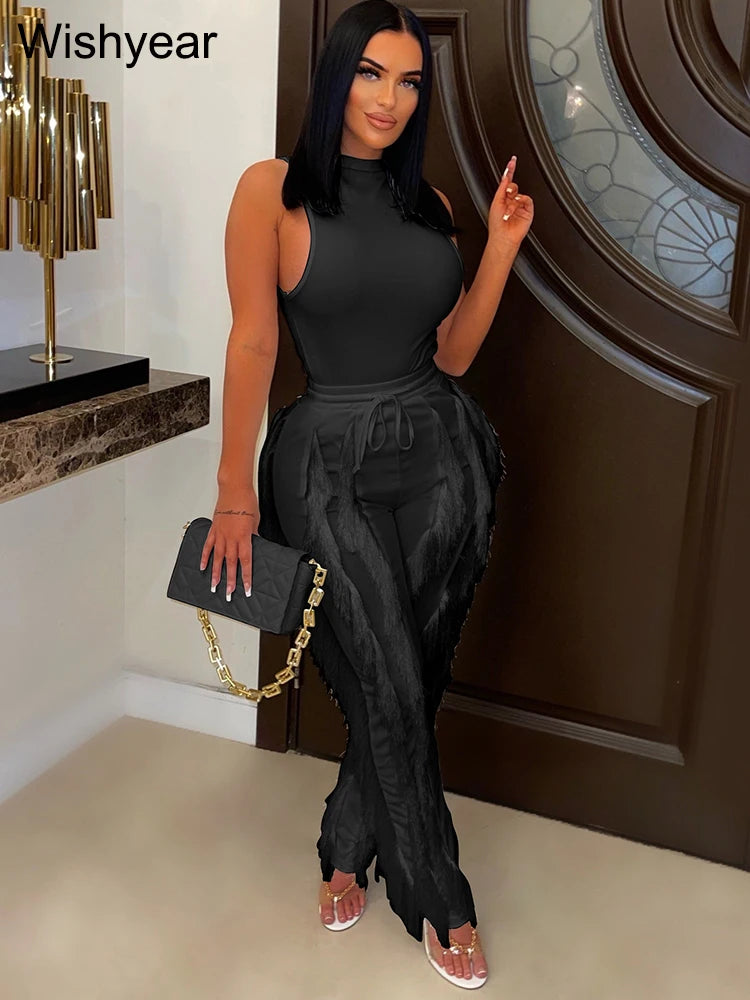 Fashion Sleeveless Top and Drawstring High Waist Fringed Straight Pants Tassel Two Piece Sets Women Streetwear Autumn Tracksuit