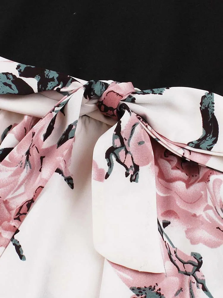 Retro Vintage Women's Summer Dress V-Neck Sleeveless High Waist Chic Floral Print with Belt 50s Style