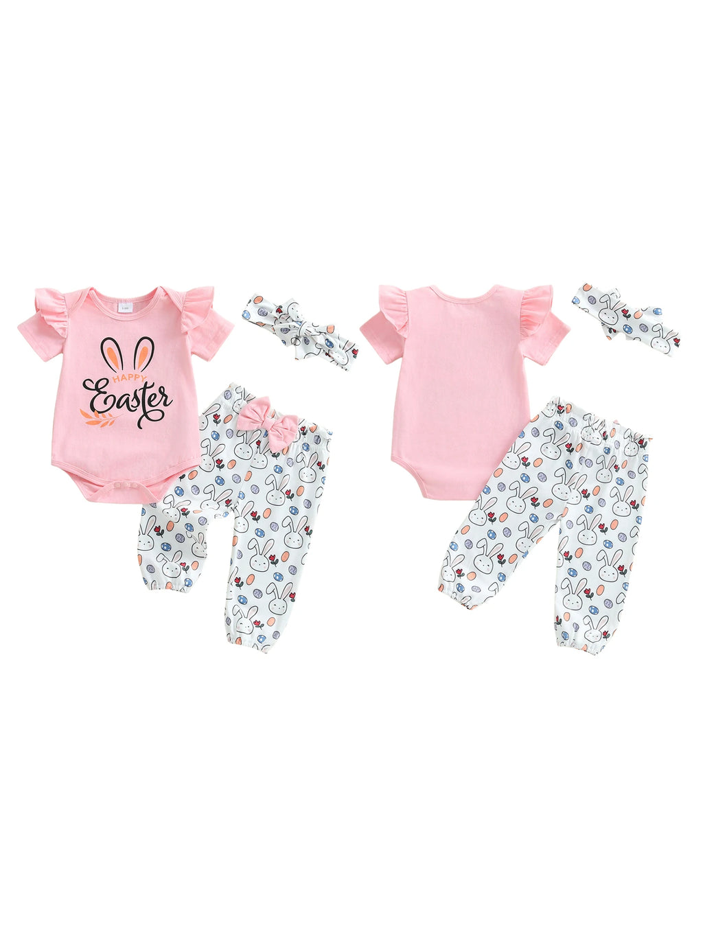 Adorable Baby Girl Easter Outfit Set with Letter Print Romper Bunny Print Pants and Matching Headband - 3 Piece Ensemble