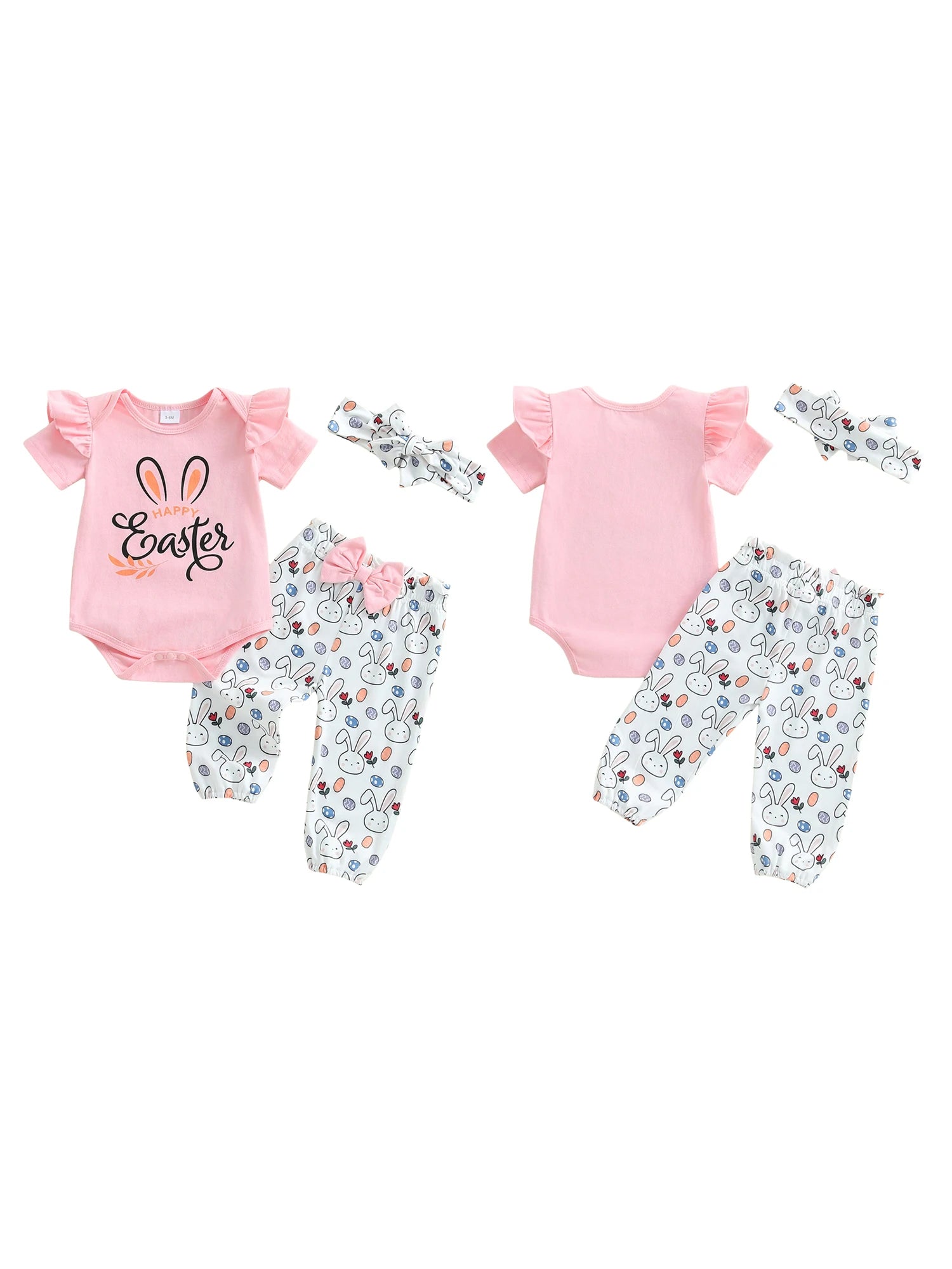 Adorable Baby Girl Easter Outfit Set with Letter Print Romper Bunny Print Pants and Matching Headband - 3 Piece Ensemble