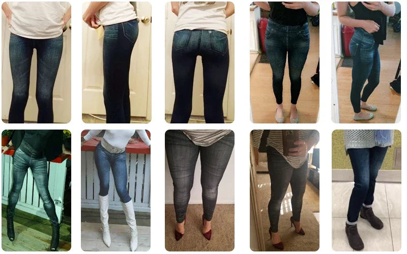Push Up Seamless High Waist Faux Denim Leggings Women Casual Elastic Pocket Jeans Print Pants Skinny Pencil Leggins Mujer