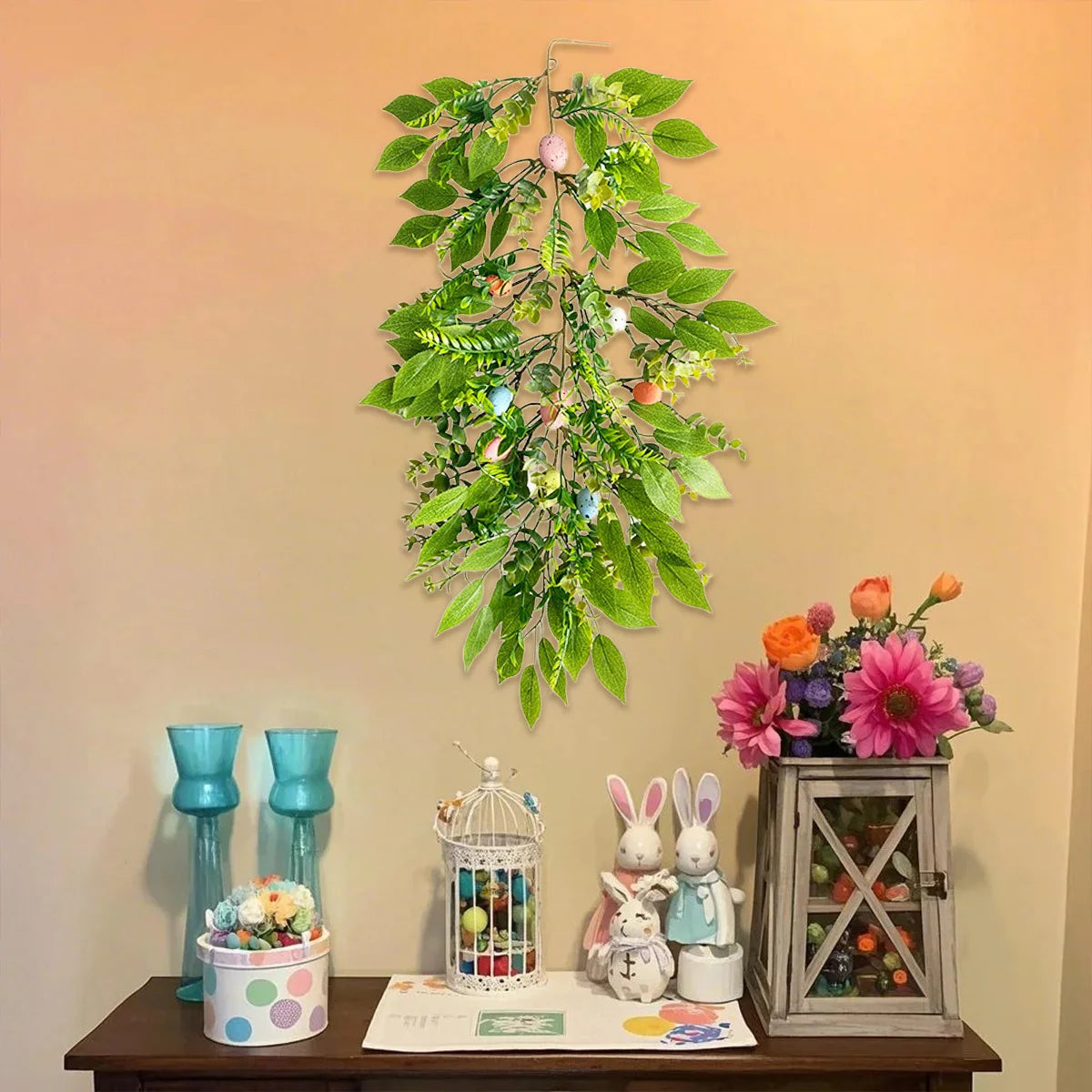 Easter Swag 25.5in Spring Garland Pendant Teardrop Wreath Easter Seasonal Decoration Easter Garland Vine String for