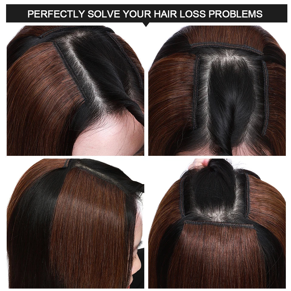 100% Human Hair Topper Invisable Straight Hair Pads Clip In One Piece 2Clips Increase Hair volume Hair Extensions Top Side Cover