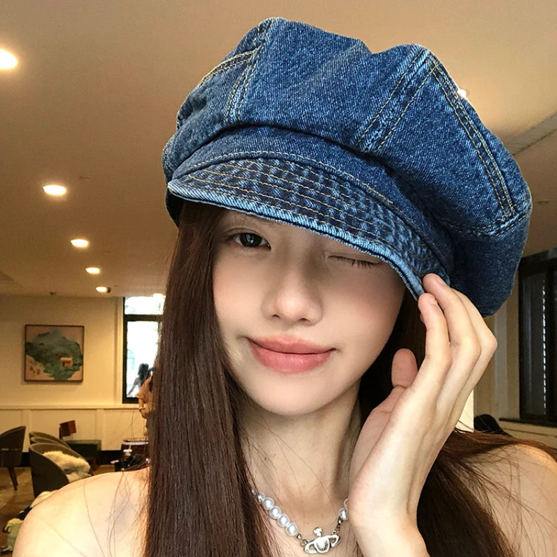 Japanese Retro Denim Cloud Berets Cap for Women Spring and Summer Casual Versatile Simple Literary Style Octagonal Newsboy Hat