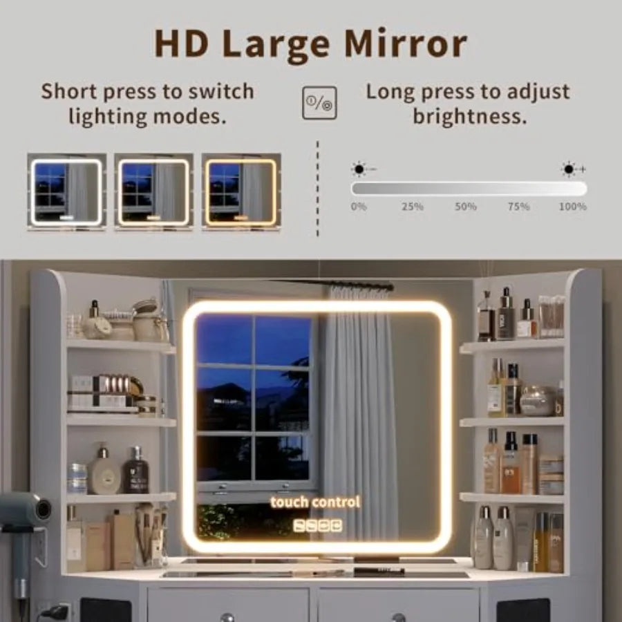 Corner Vanity Desk with Speaker 8 Drawers and 6 Shelves Modern Vanity with Mirror and Lights Makeup Vanity with Glass Top 3 Col
