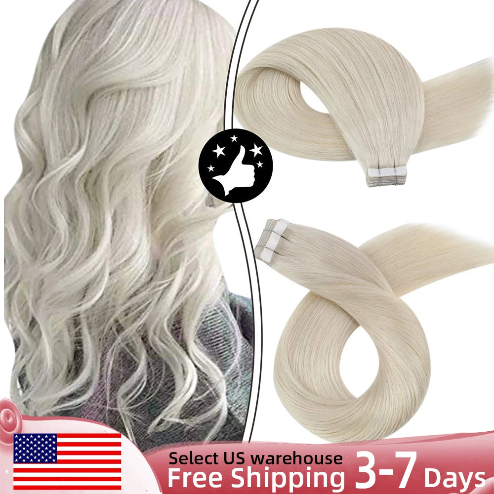 Moresoo Blonde Tape in Hair Extensions Bleach Blonde 100% Real Human Hair Extensions Natural Straight Brazilian Hair Tape ins
