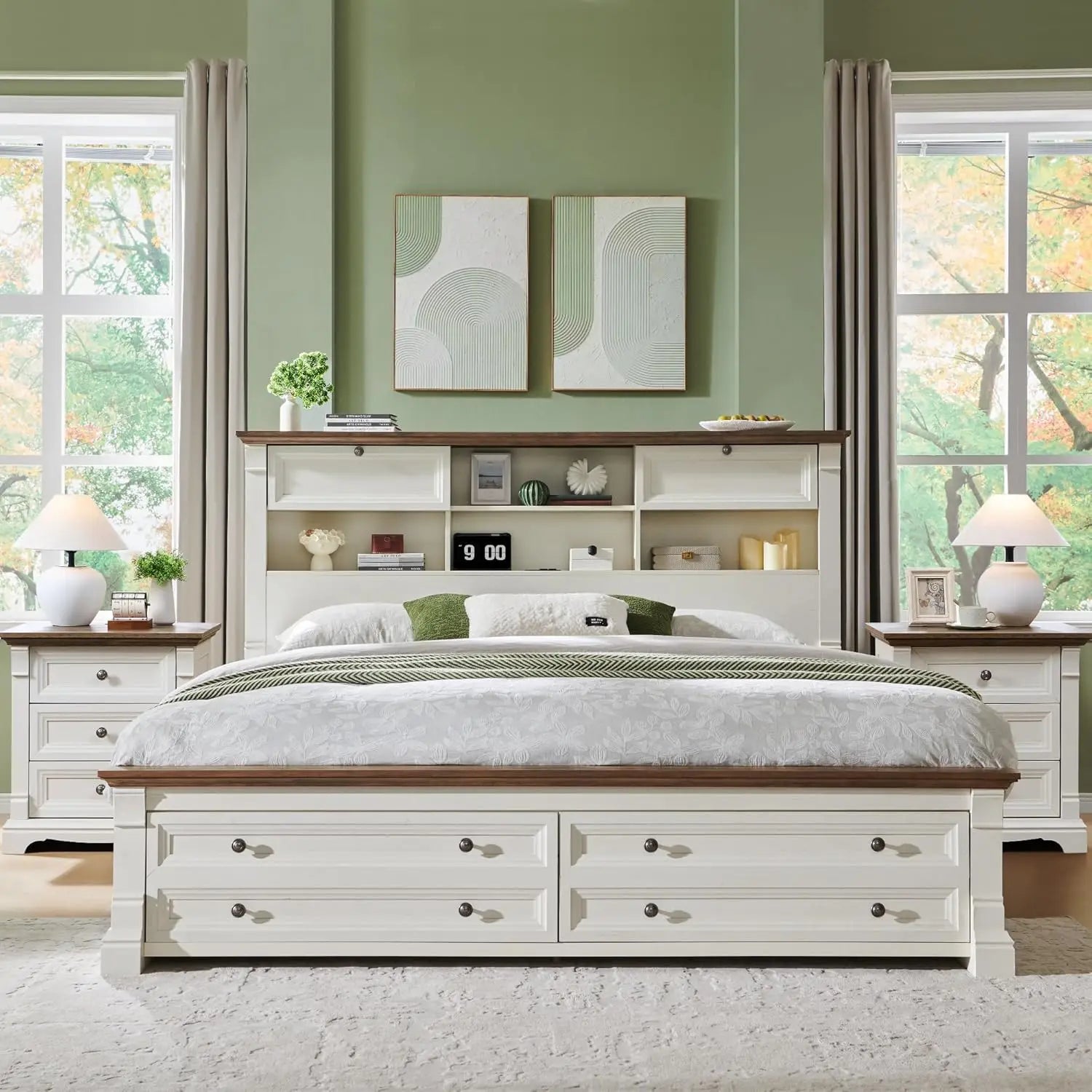 Farmhouse King Size Bed Frame with 54" Tall Storage Bookcase Headboard, Wood Platform Bed Frame(Antique White)