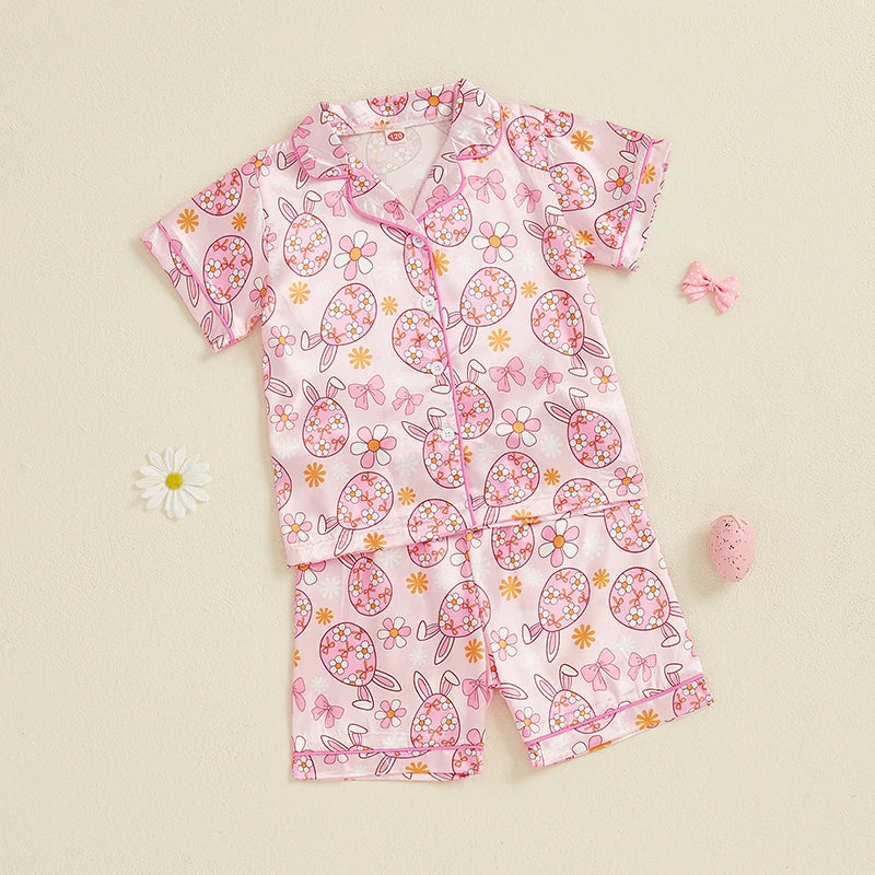 Adorable Toddler Girl Easter Pajamas Set with Egg and Floral Print Short Sleeve Lapel Tops and Elastic Waist Shorts Sleepwear