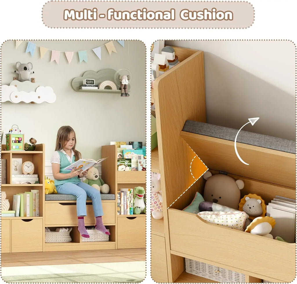 72” Kids Bookshelf with Reading Nook, Large Toy Storage Organizer, Kids Reading Nook Toy Organizers and Storage with Bench