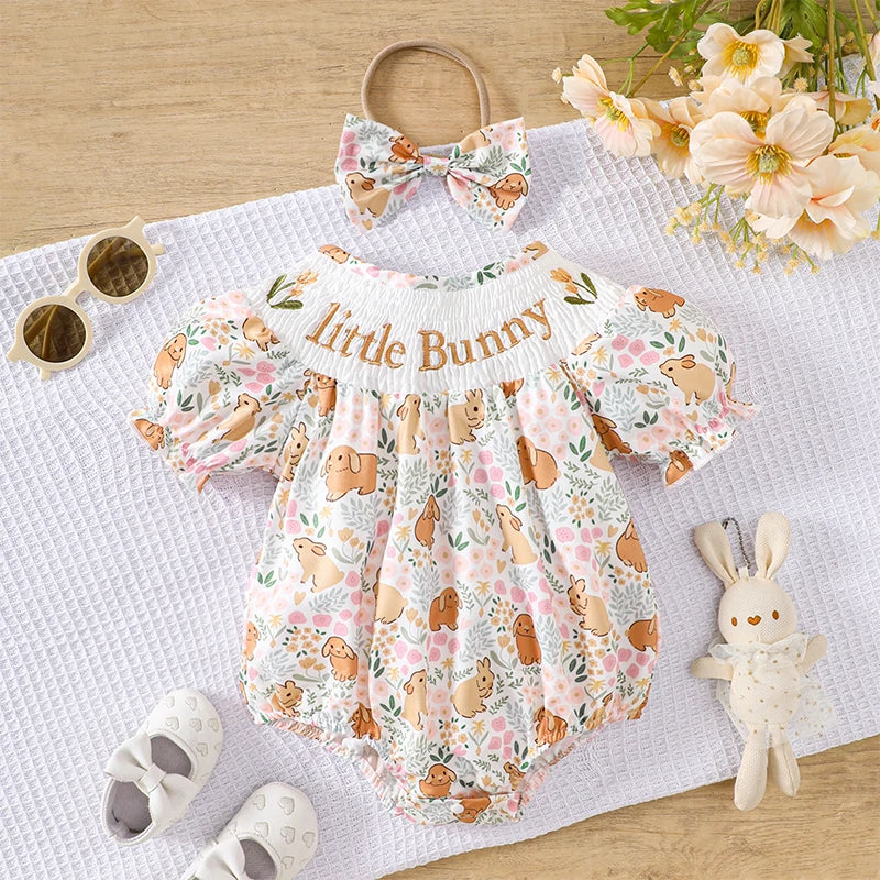 Adorable Infant Easter Jumpsuit with Cute Bunny Embroidery Short Sleeves Round Neck and Matching Bow Headband