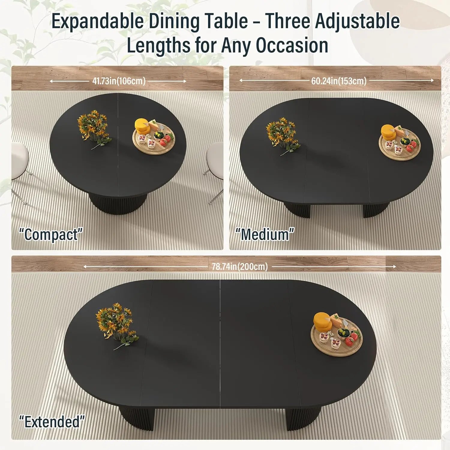 Extendable Dining Table 41-78in Seats 4-8 Round Expandable Kitchen Fluted Base Modern Oval Dining Room Living Room, Customized