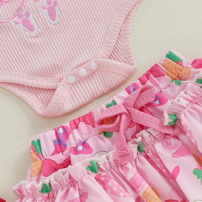 Toddler Easter Dress Bunny Print Short Sleeve Romper Tutu Skirt Headband Leggings Set for Baby Girls 0-24 Months
