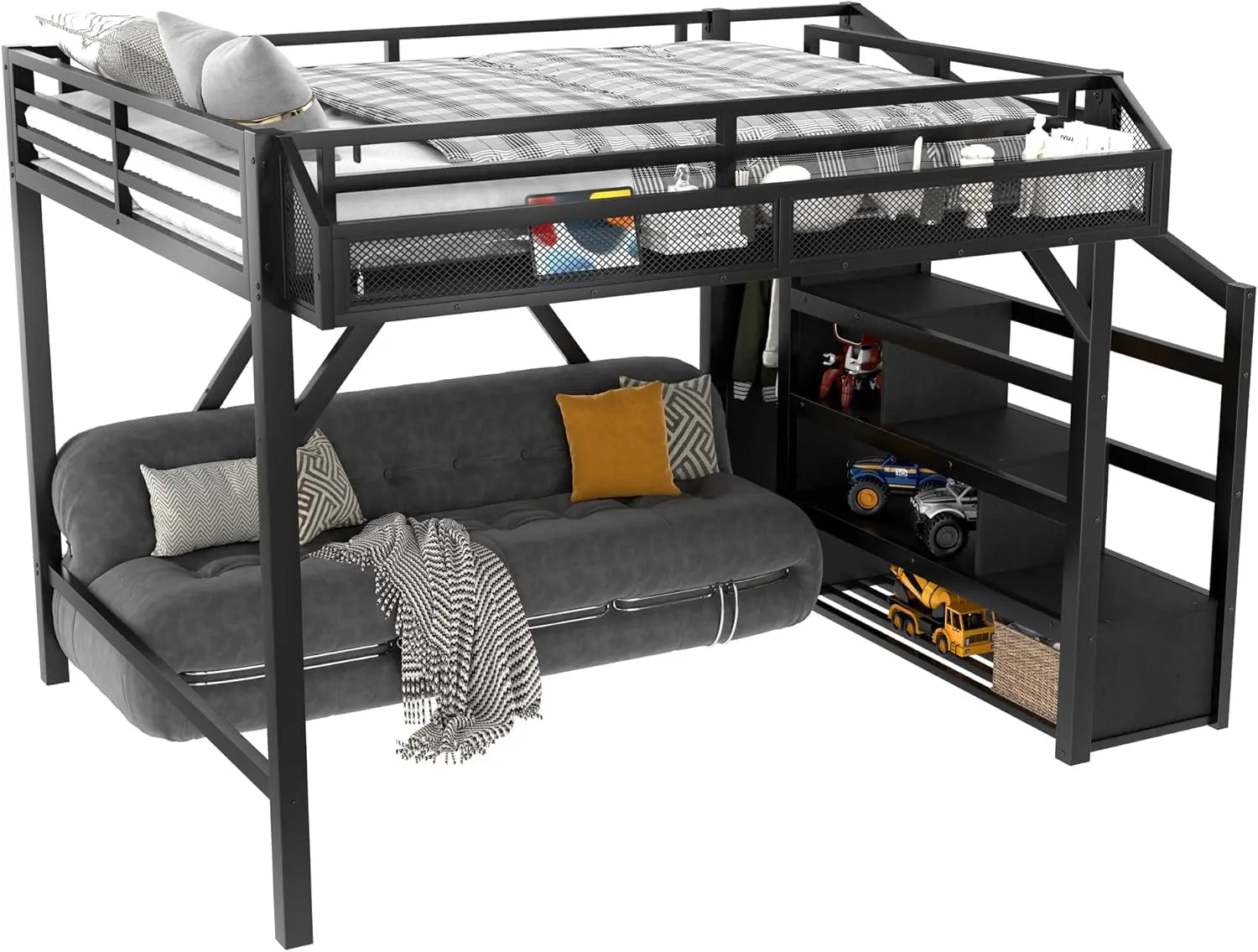 Queen Loft Bed with Storage Stairs, USB Ports & LED Lights - Black Woodgrain Metal Frame