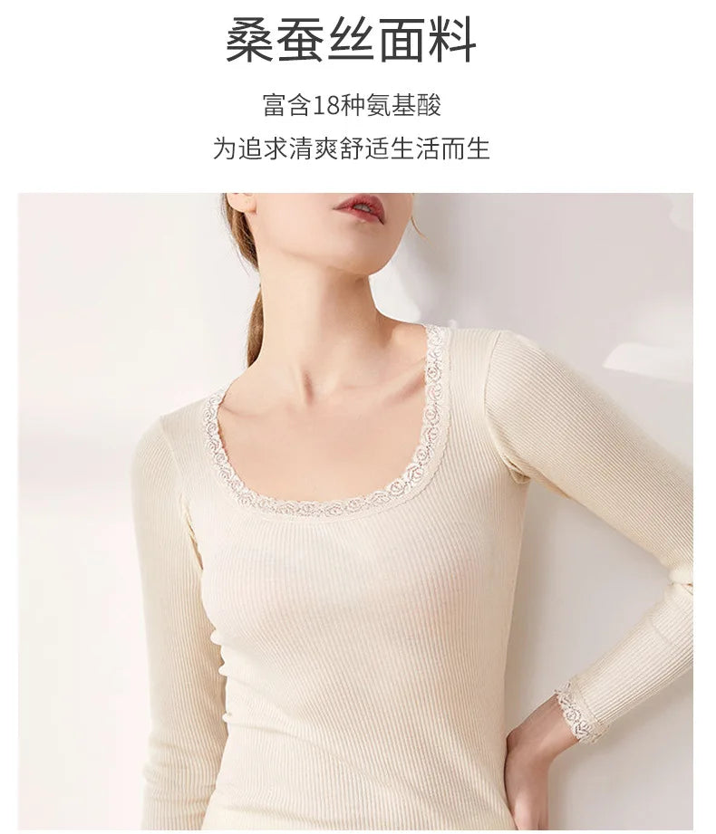 Autumn and Winter Mulberry Silk Women's Warm Underwear Round Neck Silk Lace Edge Long Sleeve Bottom Shirt Slim Fit