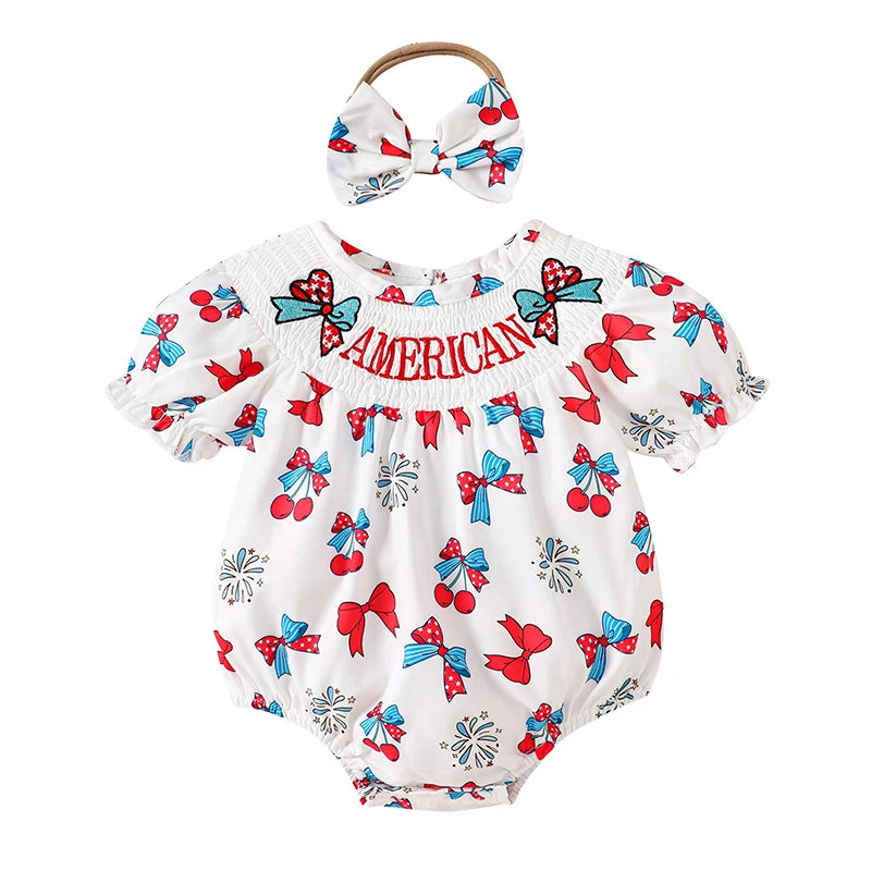 Adorable Infant Easter Jumpsuit with Cute Bunny Embroidery Short Sleeves Round Neck and Matching Bow Headband