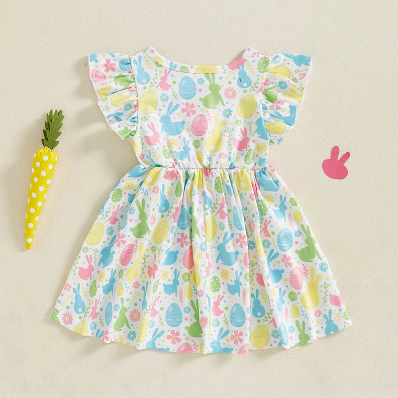 Baby Girl Easter Outfit Pink Floral Print Ruffle Sleeve Round Neck A-Line Dress for Spring and Summer Celebrations