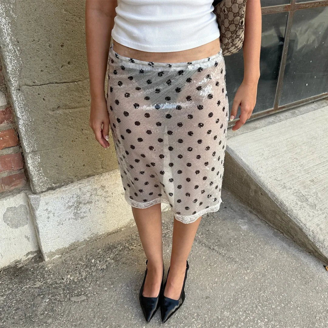 hirigin Women's Fashion Midi Skirts Sequins Lace Trim Low Waist Skirts Summer Fashion Bodycon Skirts Dress Y2K Streetwear