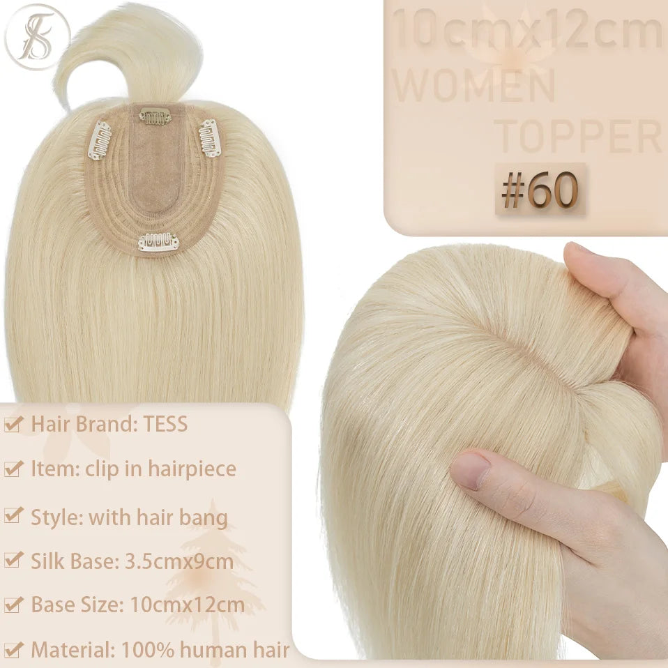 TESS Women Topper 10x12cm Hair Clips Hair Topper Natural Hair Wigs 100% Human Hair Silk Base Clip In Hair Extension Blonde Women