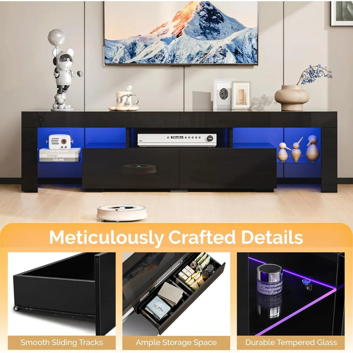 VINGLI LED TV Stand, 63'' High Glossy Modern Entertainment Center with LED Lights and Storage for 55/60/65/70 Inch TV - White