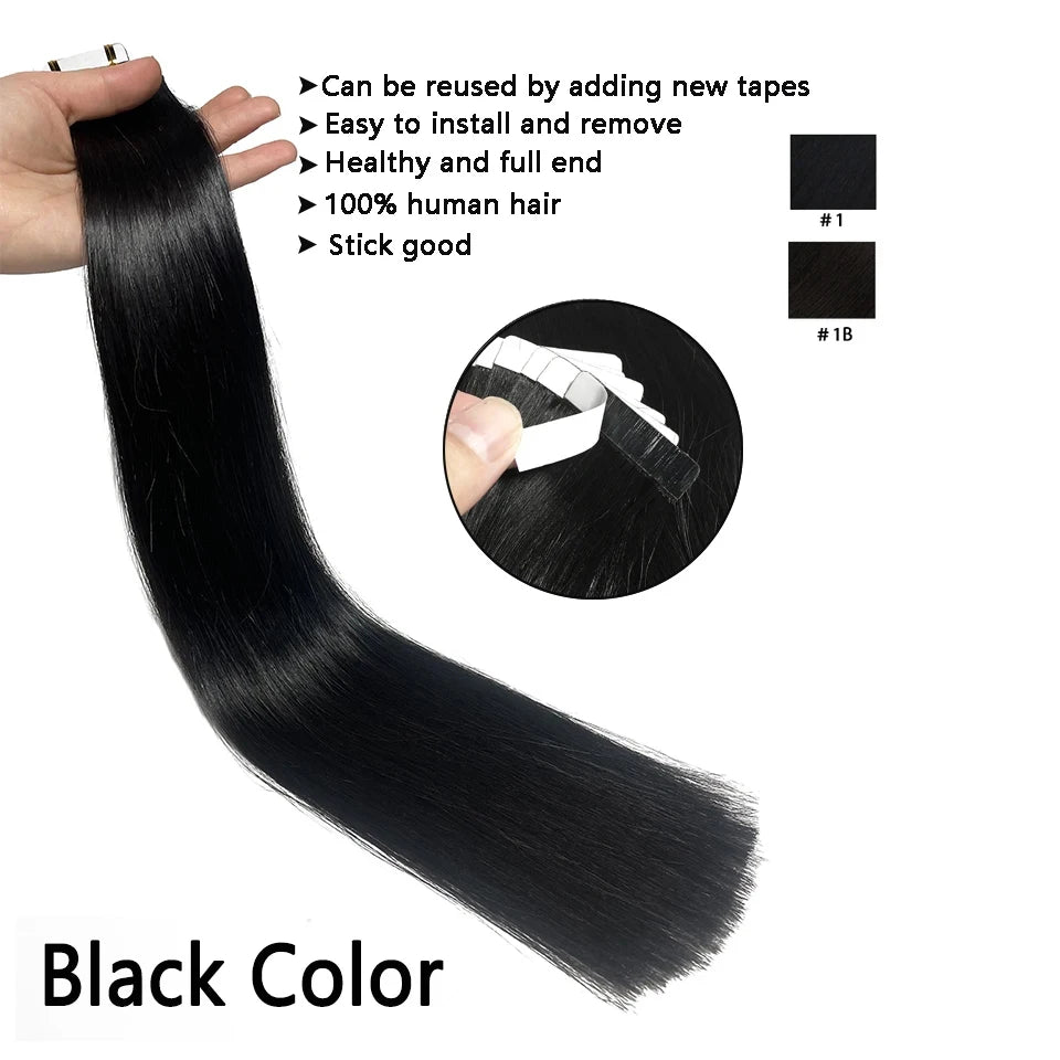 Straight Tape in Human Hair Extensions Natural Hair Extension Color #1B 14-26 Inches Brasil Remy Human Hair For Black Woman