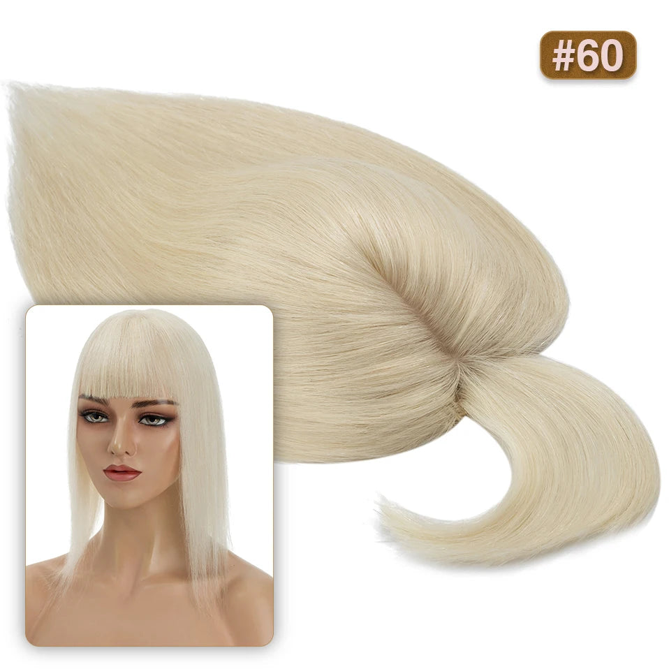 S-noilite Natural Hair Topper Wig for Women 10x12cm with Silk Base 3.5x9cm Human Hair Piece with Bangs Hair Clip Included