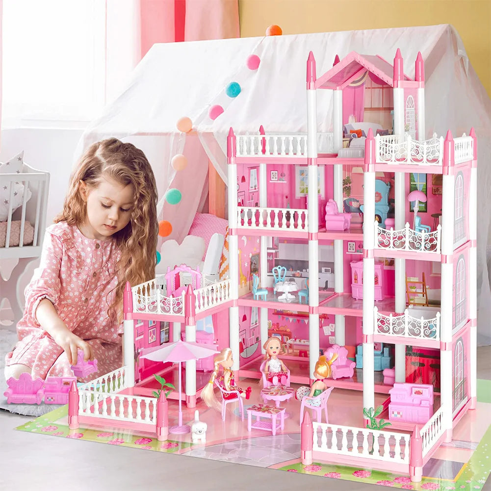 Pretend-Play DIY Dollhouse Kit with 4 Dolls DIY House Model Landscape Furniture and Accessories Set for Girls Birthday Gift
