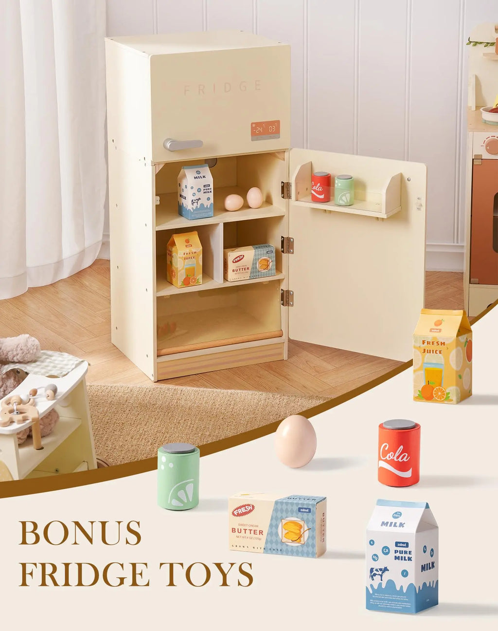 ROBOTIME ROBUD Play Kitchen Wooden Pretend Play Refrigerator Accessories Set for Boys Girls Children Ages 3+