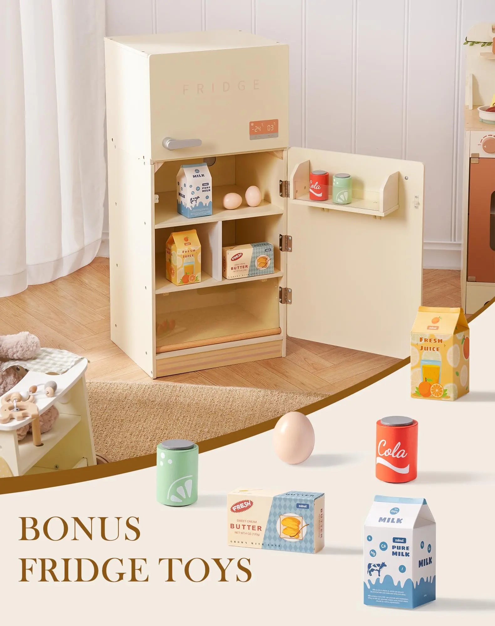 ROBOTIME ROBUD Play Kitchen Wooden Pretend Play Refrigerator Accessories Set for Boys Girls Children Ages 3+