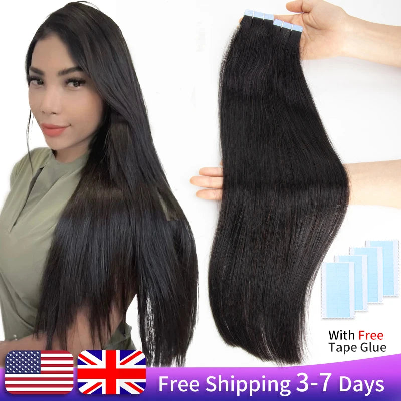 MRS HAIR Silky Straight Tape in Human Hair Extensions Remy Skin Weft Tape Hair Extension 12-24 inch 20pcs/pack 1B Natural Black
