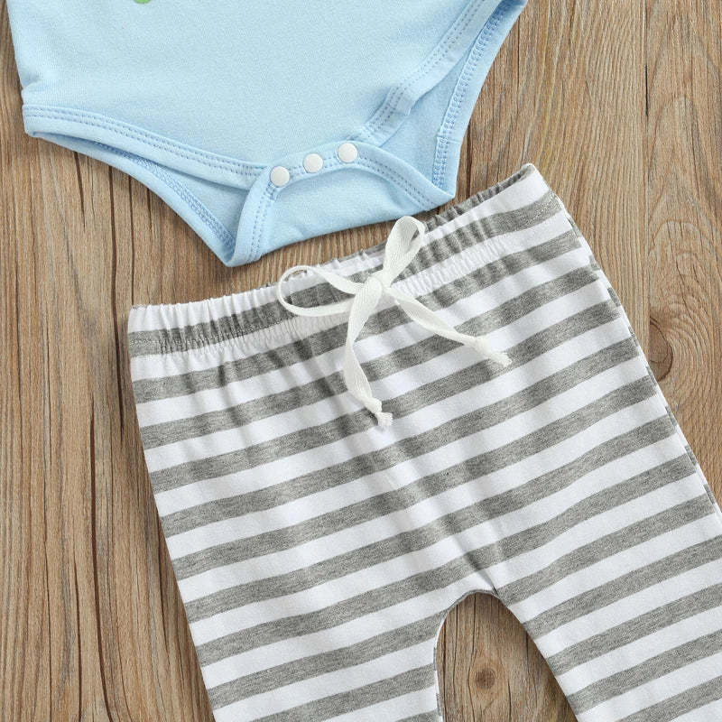 Adorable Infant Easter Outfit 3-Piece Bundle Cute Bunny Print Bodysuit Matching Striped Bottoms Bunny Ear Beanie