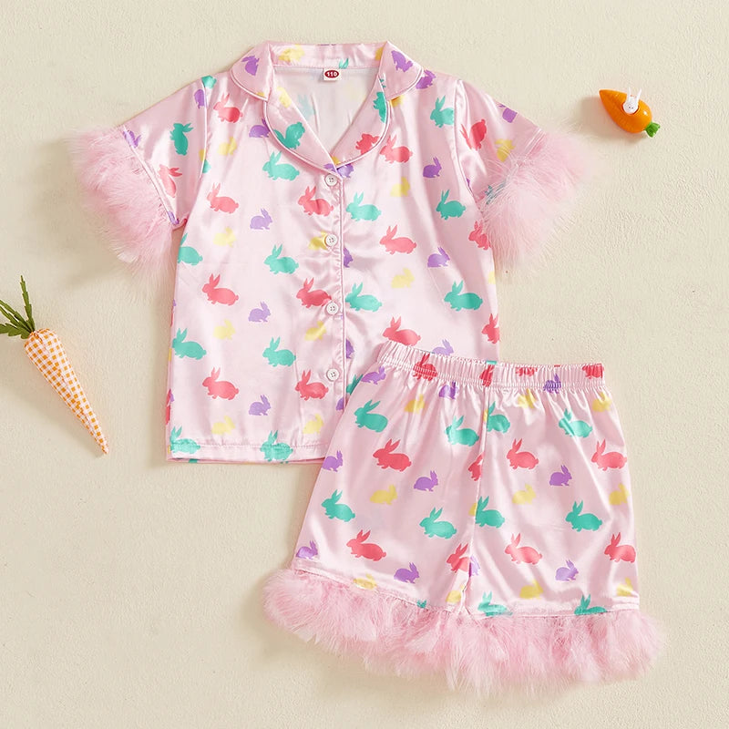 Easter 2-Piece Pajama Set with Short Sleeve Lapel Bunny Print Shirt and Shorts for Comfortable Sleepwear