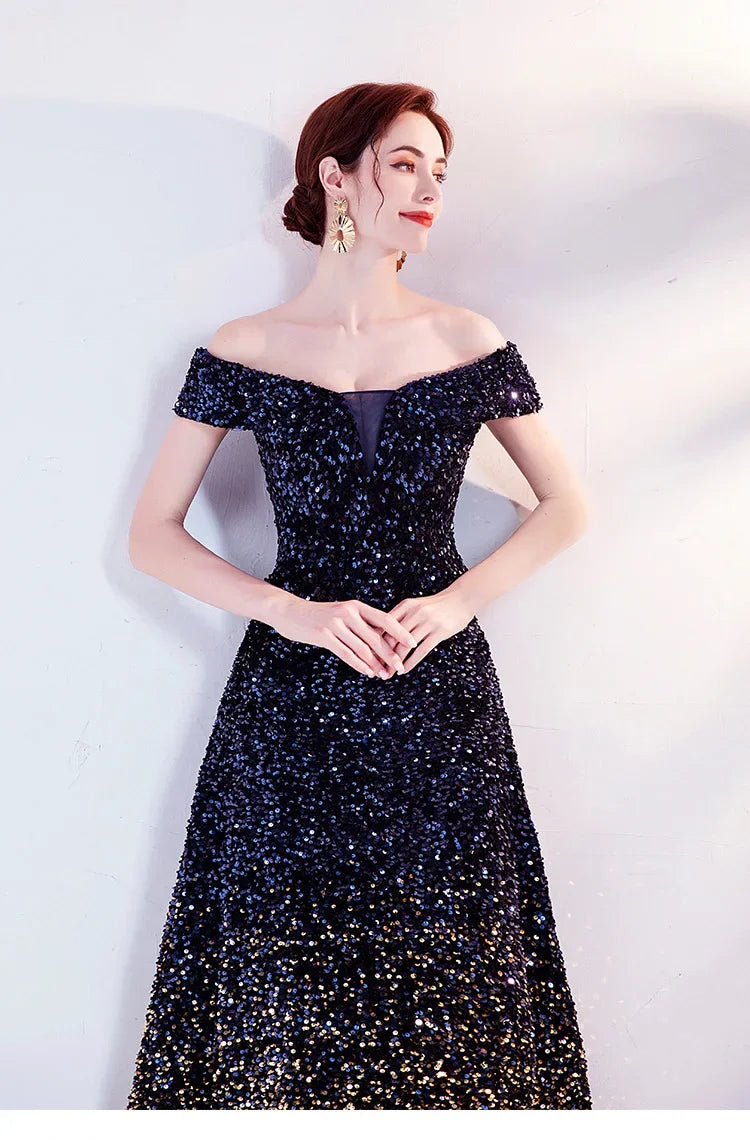 One Shoulder Evening Gown New Gradient Black Annual Party Stage Performance Host Walking Fish Tail Dress for Women 2026