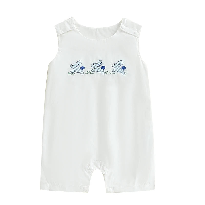 Infant Easter  Adorable Sleeveless Round Neck Rabbit Embroidered Loose Fit Romper Baby Jumpsuit Toddler Outfit for Spring