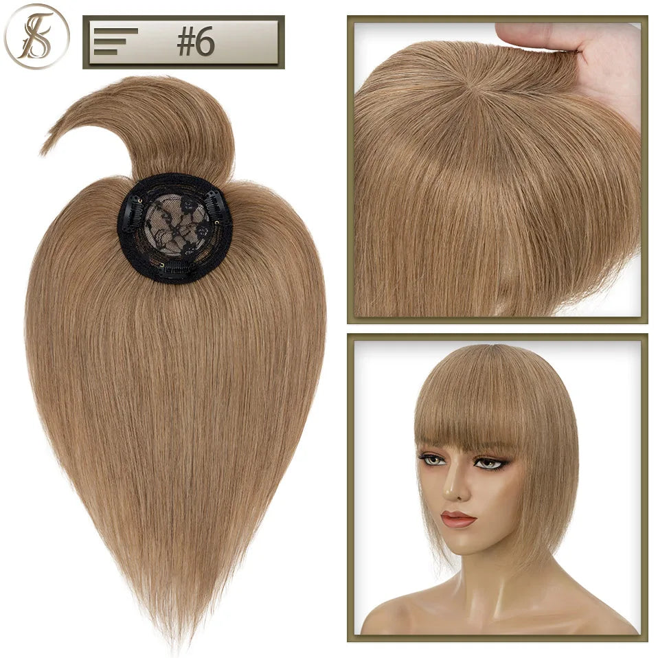 TESS Human Hair Toppers 8.5x8.5cm Women Topper 2cm Hair Vortex Natural Hair Wigs Center Crown Machine-made Hairpiece With Bangs