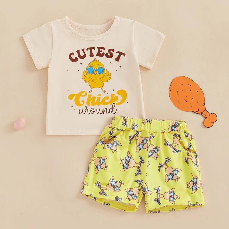 Baby Easter Outfit Bunny Print Short Sleeve Shirt and Shorts Set with Elastic Waistband for Comfort