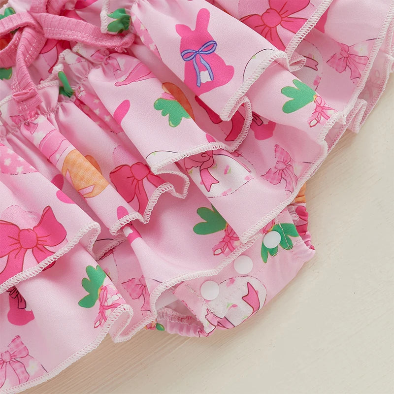 Toddler Easter Dress Bunny Print Short Sleeve Romper Tutu Skirt Headband Leggings Set for Baby Girls 0-24 Months