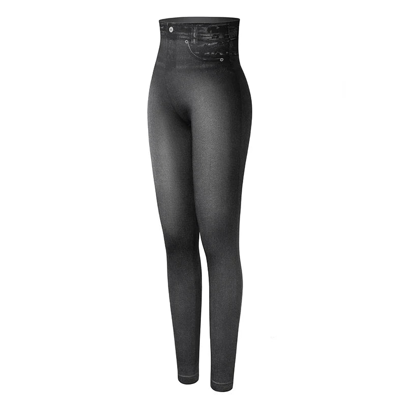 Push Up Seamless High Waist Faux Denim Leggings Women Casual Elastic Pocket Jeans Print Pants Skinny Pencil Leggins Mujer