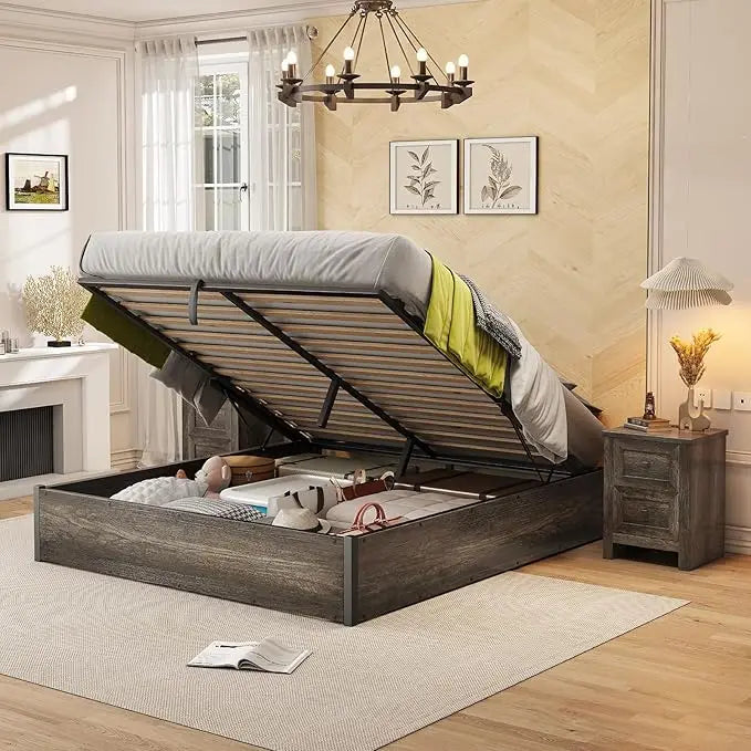 Lift Up Storage Bed, Queen Bed Frame with Storage Underneath, Wooden Platform Bed Frame, Solid Wood Slats Support