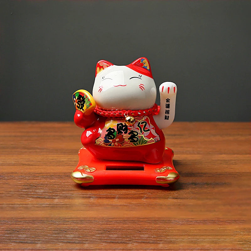 4.3 Inch Solar Powered Waving Ceramic Maneki-neko Lucky Beckoning Cat for Wealth Fortune, Home Office Decor, Gift for Prosperity