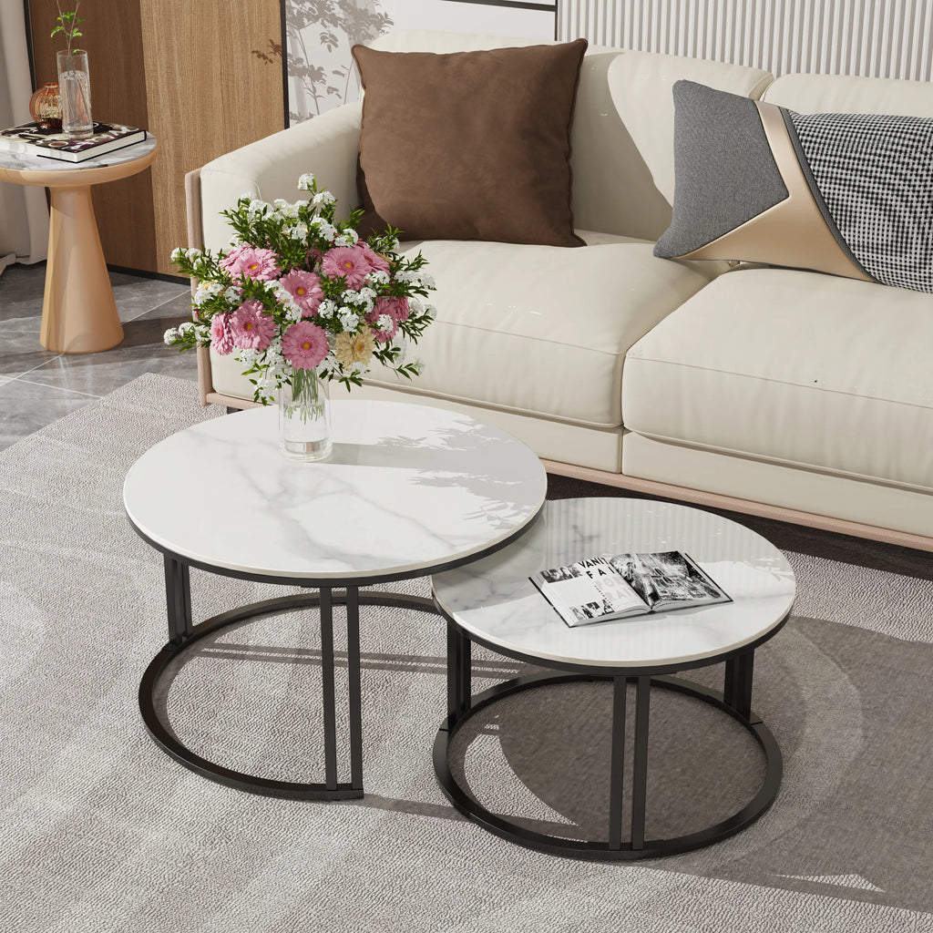 Circle Nesting Coffee Table Set of 2, Modern Chic Round Nested Center Coffee Table with Sinter Stone-top Stacked Sofa Side Table
