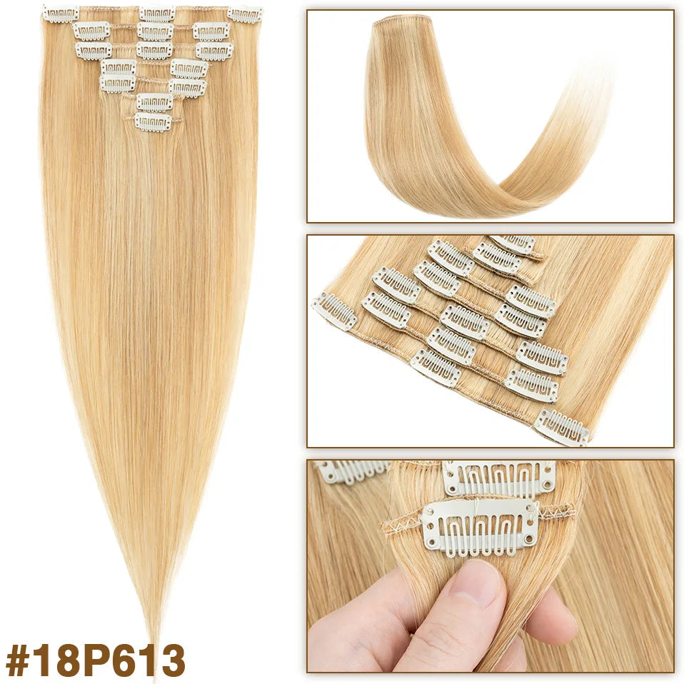 S-noilite 65g Clip In Hair Extensions Human Hair Natural Extension Hair Clips 7Pcs/Set 15"-22" Full Head Clip In Natural Hair