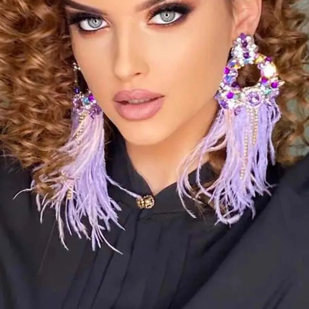 Stonefans Designer Oversize Feather Purple Geometric Earrings Bridal New Large Rhinestone Earrings Accessories Wedding Jewelry