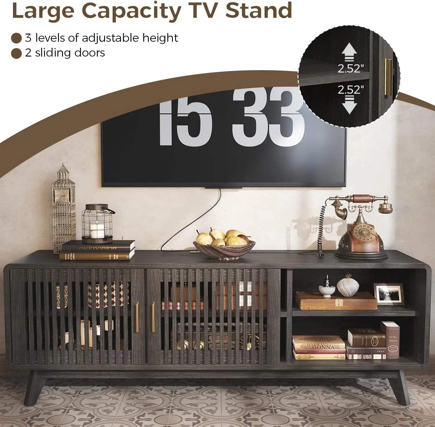 IRONCK 63'' TV Stand for TVs Up to 70", TV Console with 2 Sliding Doors in Grille Design & Charging Station, for Living Room