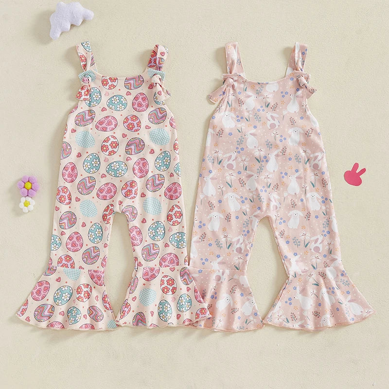 Toddler Easter Bunny Romper Sleeveless Jumpsuit with Egg Print Suspender Pants for Girls Spring Outfit Casual Wear