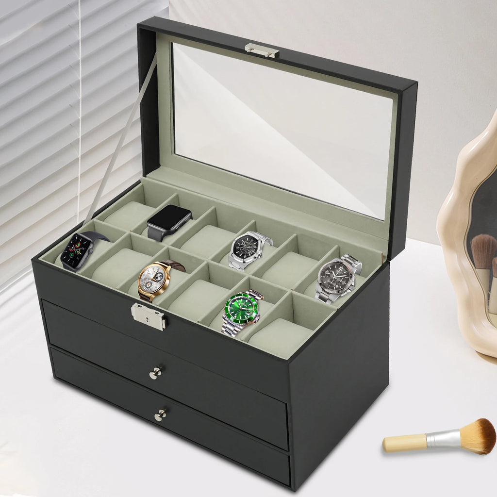 3 Tiers Jewelry Box Watch Display Case Display Desktop With Glass Top Jewelry Cabinet Storage Collection Organizer Black
