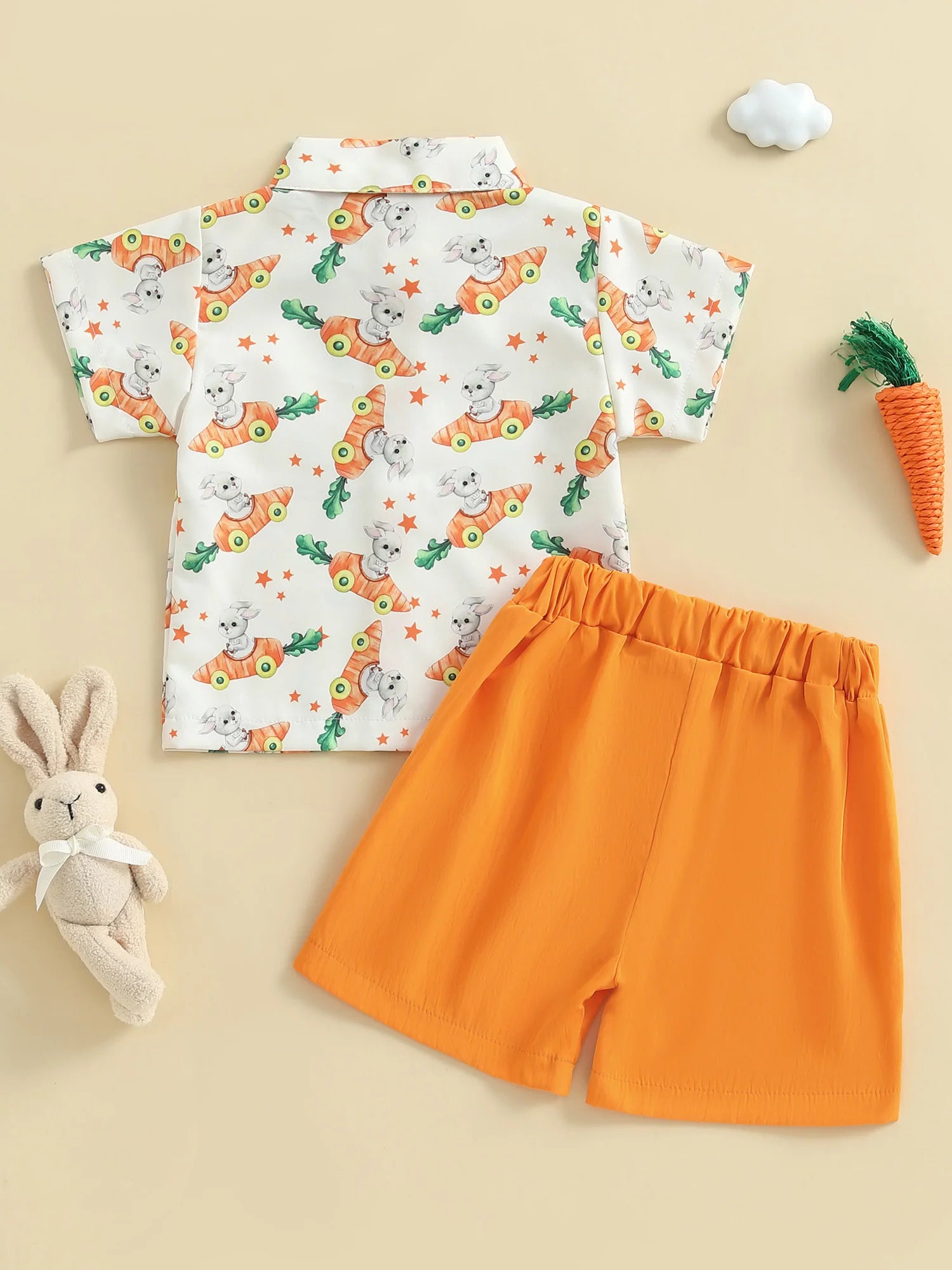 Toddler Boy Easter Outfit Bunny Rabbit Print Short Sleeve Button-up Shirt with Bowtie and Solid Shorts 2 Piece Set - Spring