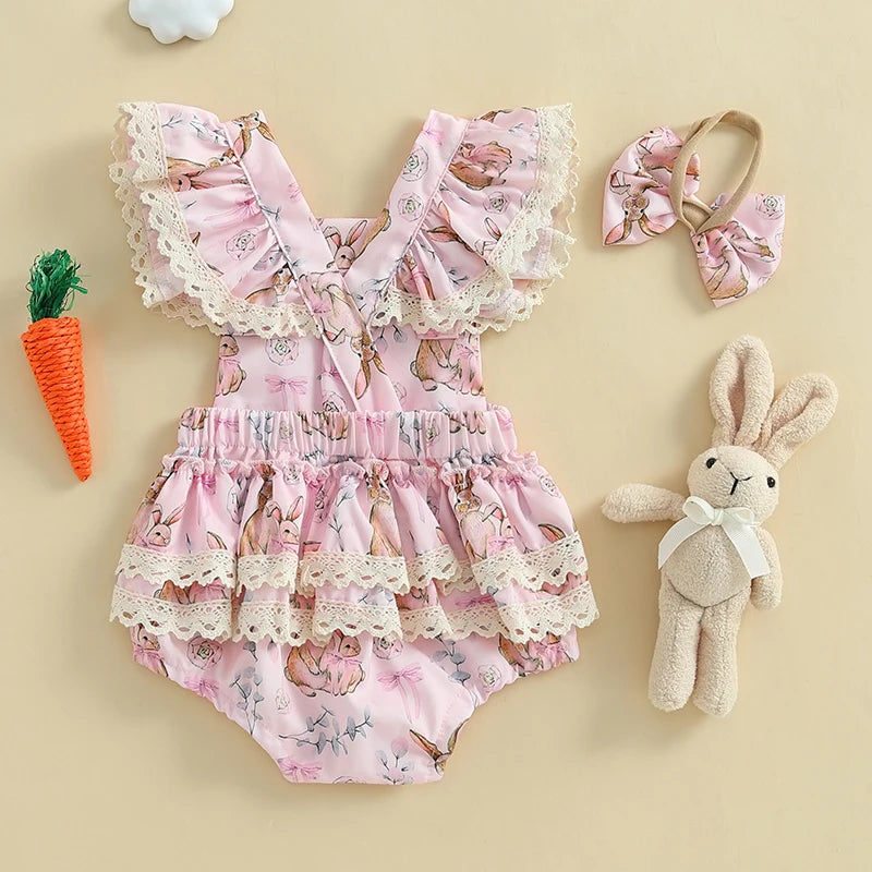 Toddler Girls Floral Bunny Print Lace Trim Flutter Sleeve Romper with Bow Headband Easter Outfit Set 2 Pieces