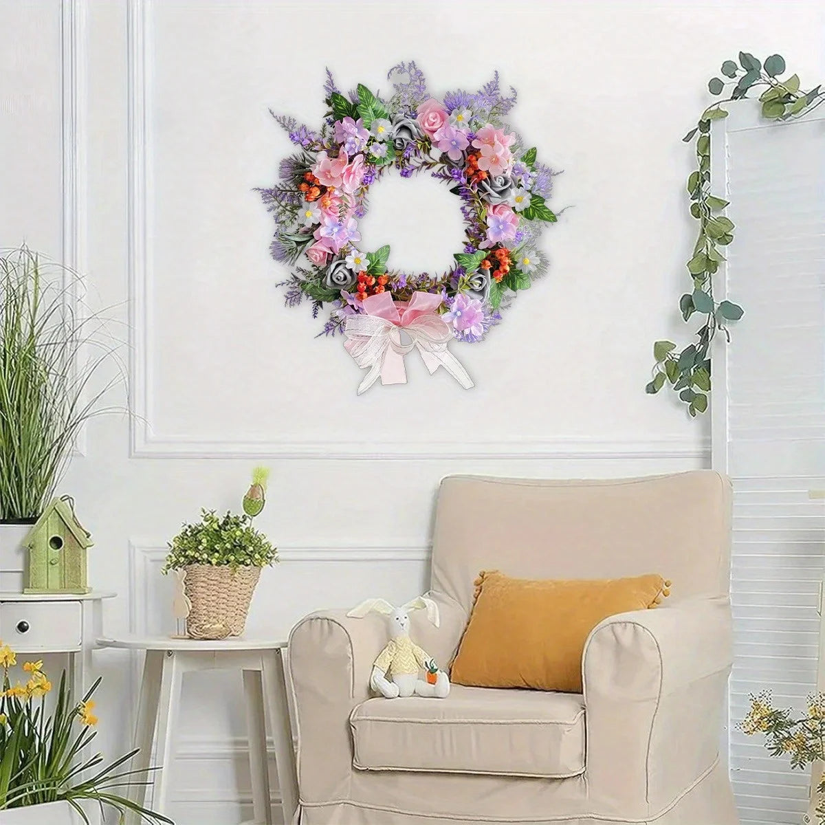 Spring Rose Daisy Wreath, 15.7in Spring Summer Bow Artificial Wreath for Front Door Easter Spring Wreath Home Wall