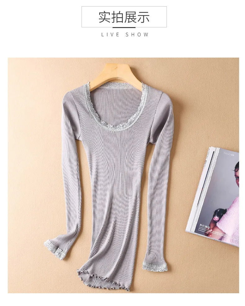 Autumn and Winter Mulberry Silk Women's Warm Underwear Round Neck Silk Lace Edge Long Sleeve Bottom Shirt Slim Fit