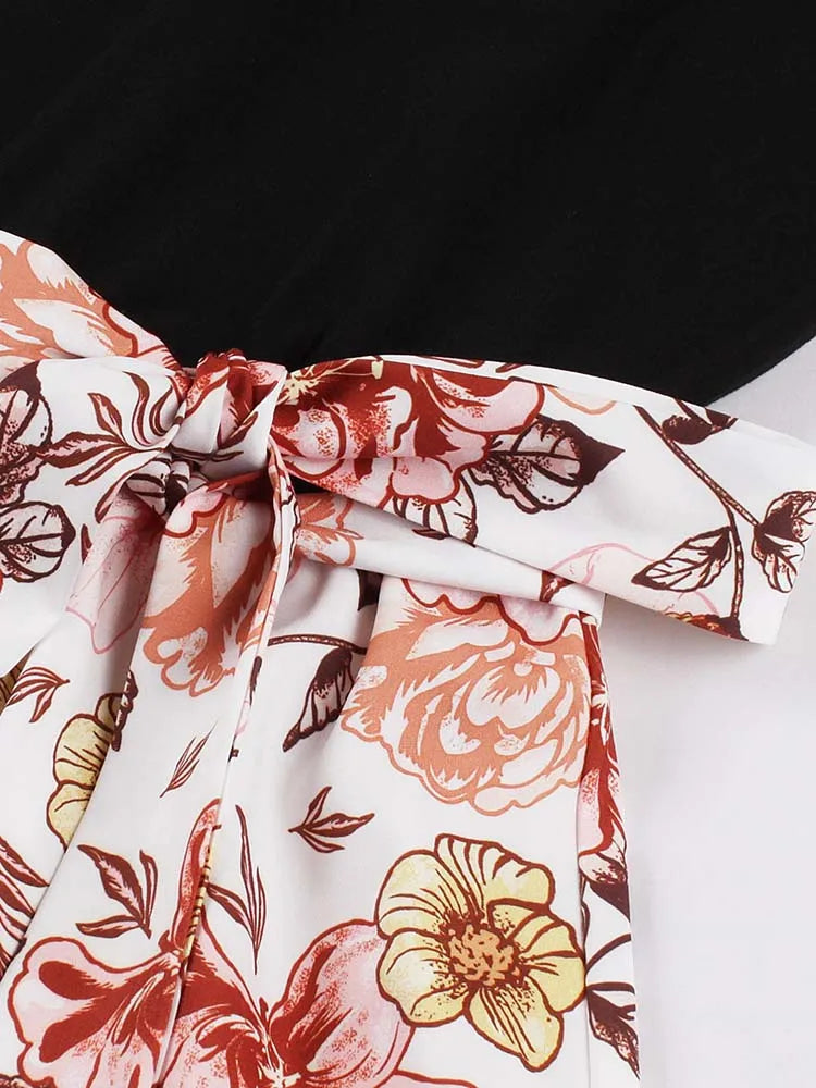 Retro Vintage Women's Summer Dress V-Neck Sleeveless High Waist Chic Floral Print with Belt 50s Style